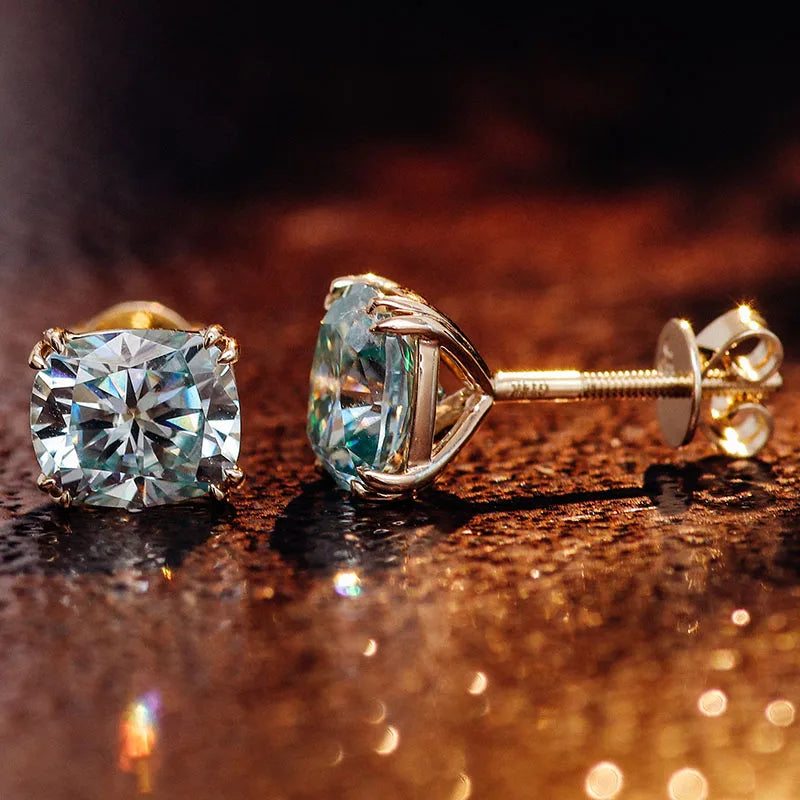 Aquamarine Stud Earrings  10K Gold Cushion-Cut VVS Moissanite –  with GRA Certification