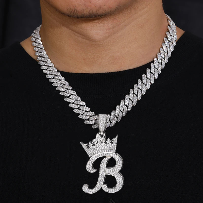 Custom Crown Letter Pendant – 925 Silver VVS Moissanite Iced-Out Name Necklace for Men
