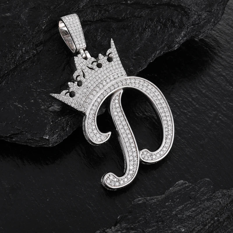 Custom Crown Letter Pendant – 925 Silver VVS Moissanite Iced-Out Name Necklace for Men