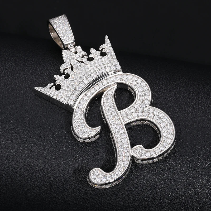 Custom Crown Letter Pendant – 925 Silver VVS Moissanite Iced-Out Name Necklace for Men