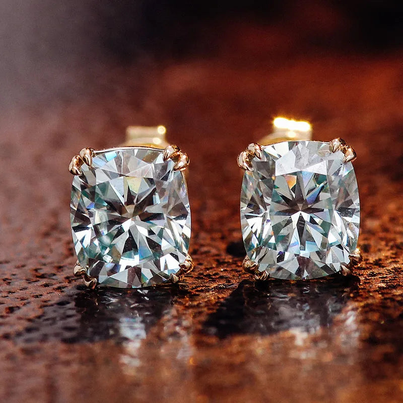 Aquamarine Stud Earrings  10K Gold Cushion-Cut VVS Moissanite –  with GRA Certification