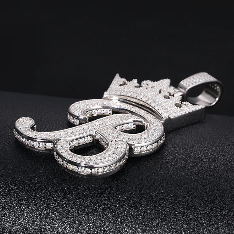 Custom Crown Letter Pendant – 925 Silver VVS Moissanite Iced-Out Name Necklace for Men
