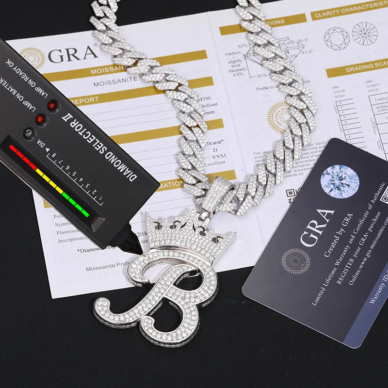 Custom Crown Letter Pendant – 925 Silver VVS Moissanite Iced-Out Name Necklace for Men