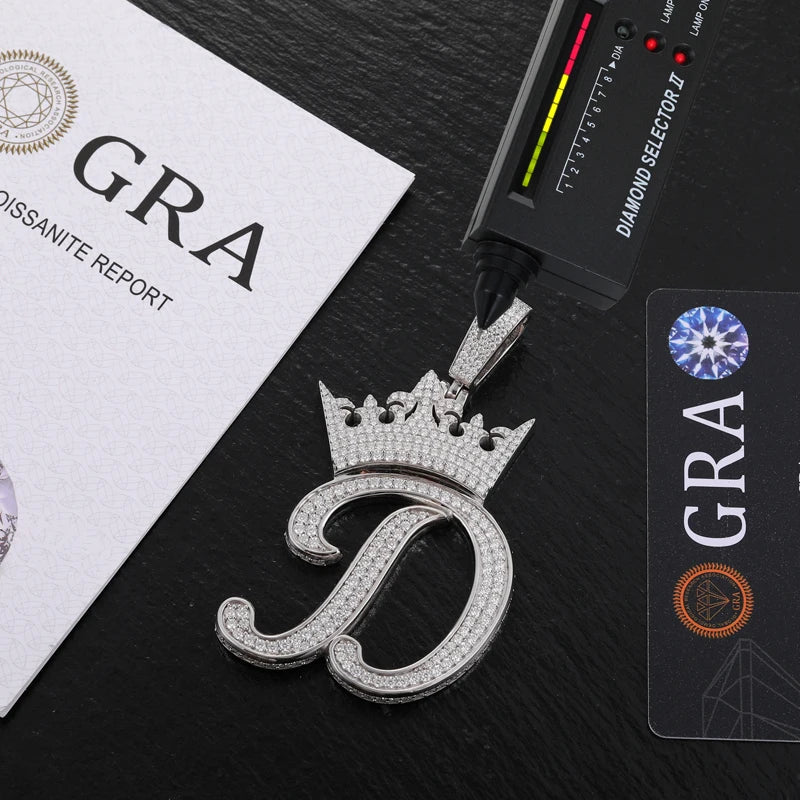 Custom Crown Letter Pendant – 925 Silver VVS Moissanite Iced-Out Name Necklace for Men