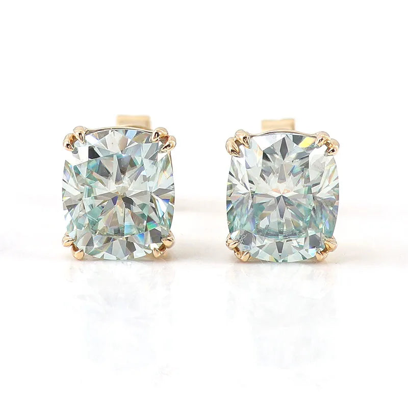 Aquamarine Stud Earrings  10K Gold Cushion-Cut VVS Moissanite –  with GRA Certification