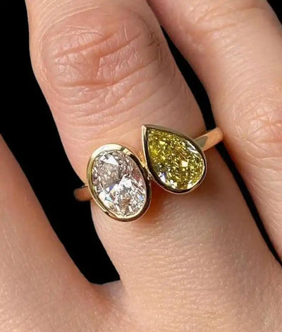 14K Gold Fine Toi Moi Diamond Ring Yellow Pear And White Oval Cut Lab Grown Trendy Wedding Ring for Parties Jewelry for wife