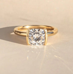 Antique Cushion Cut Moissanite Solitaire Ring with2.07 Carat Stone in Half Bezel Setting and Two MM Bypass Band Perfect for Her