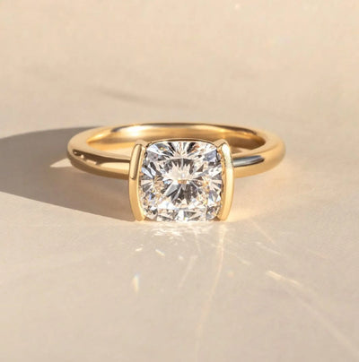 Antique Cushion Cut Moissanite Solitaire Ring with2.07 Carat Stone in Half Bezel Setting and Two MM Bypass Band Perfect for Her