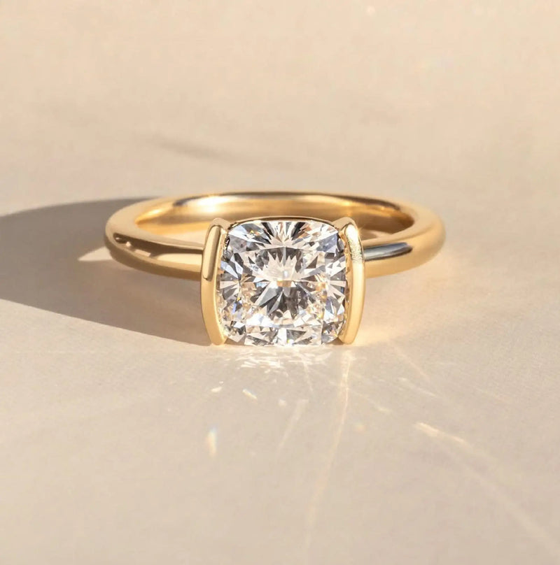 Antique Cushion Cut Moissanite Solitaire Ring with2.07 Carat Stone in Half Bezel Setting and Two MM Bypass Band Perfect for Her
