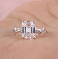 Emerald Cut VVS Moissanite Halo Ring – 925 Sterling Silver Leaf Design