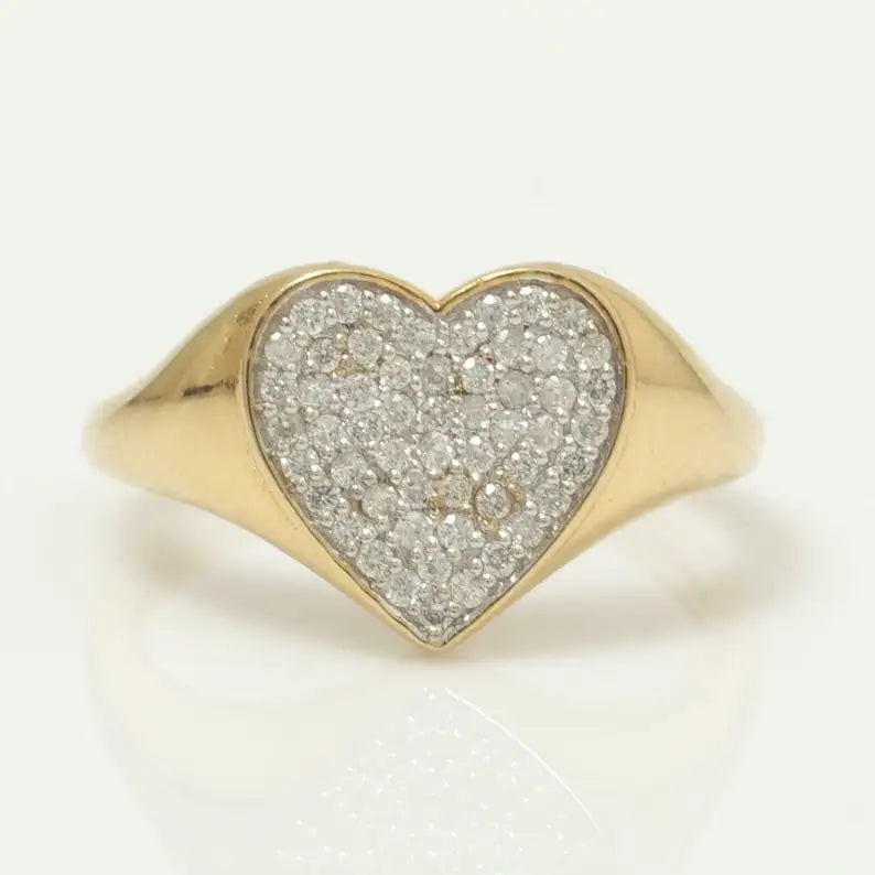 Romantic Classic Heart Pave 1MM Round Cut Natural Diamond Promise Ring with 18K Solid Gold Wide Band Charm Gift for Bridle