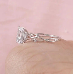 Emerald Cut VVS Moissanite Halo Ring – 925 Sterling Silver Leaf Design