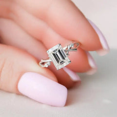 Emerald Cut VVS Moissanite Halo Ring – 925 Sterling Silver Leaf Design