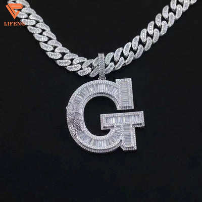 Factory Custom Fashion Jewelry 925 Sterling Silver Round&Baguette Cut VVS Moissanite Hiphop Big Initial G 3D Letter Pendant