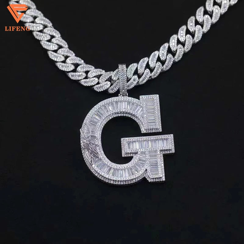 Factory Custom Fashion Jewelry 925 Sterling Silver Round&Baguette Cut VVS Moissanite Hiphop Big Initial G 3D Letter Pendant