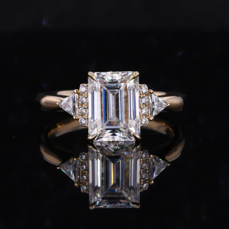 Special Beautiful Emerald Cut 14K Yellow Gold White Moissanite Trendy Rings