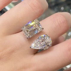 12ct Twin-Stone Moissanite Ring for Women, PT950 Platinum, Pear & Square Cut, Open Adjustable & Dazzling