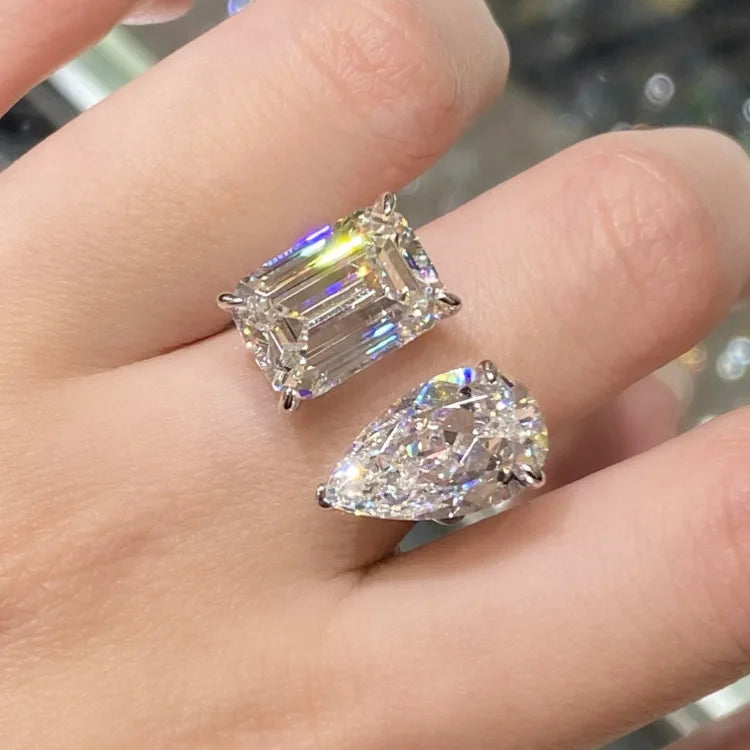 12ct Twin-Stone Moissanite Ring for Women, PT950 Platinum, Pear & Square Cut, Open Adjustable & Dazzling