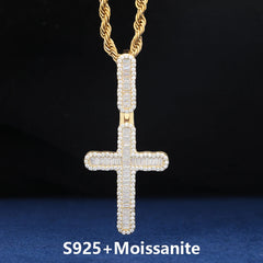 Luxury Iced Out Baguette Moissanite Cross Pendant Necklace For Woman 925 Sterling Silver Hip Hop Man Religion Charm Jewelry Gift