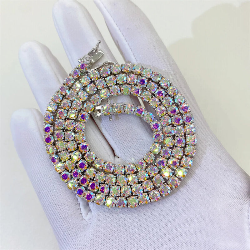 Hiphop 3-4mm Golden Yellow Moissanite Tennis Chain Bracelet Necklace S925 Silver Blue Moissanite Diamond Link Necklace Gift