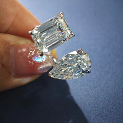 12ct Twin-Stone Moissanite Ring for Women, PT950 Platinum, Pear & Square Cut, Open Adjustable & Dazzling