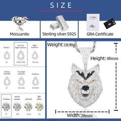 New Hip Hop 925 Sterling Silver Bling 3D Wolf Pendant Necklace Iced Out Moissanite Necklaces for Men Charm Jewelry Gift With GRA