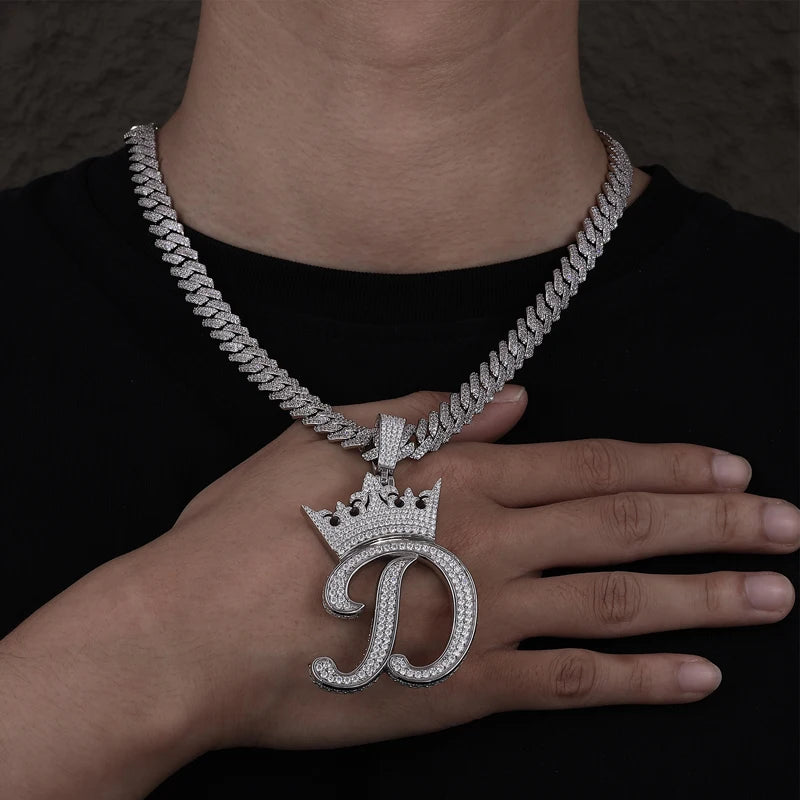 Custom Crown Letter Pendant – 925 Silver VVS Moissanite Iced-Out Name Necklace for Men