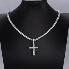 Provence 925 Silver Cross Necklace – 4mm D Color VVS1 Moissanite Tennis Chain with GRA Certification