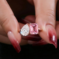 Pink 14K–18K Gold 1CT Emerald-Cut VVS Moissanite Flower Halo Engagement Ring