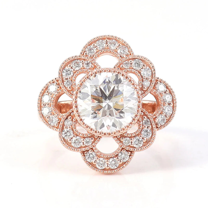 Provence 14K Solid Rose Gold Flower Ring – 4CT G Color VVS Moissanite Wedding & Engagement Design