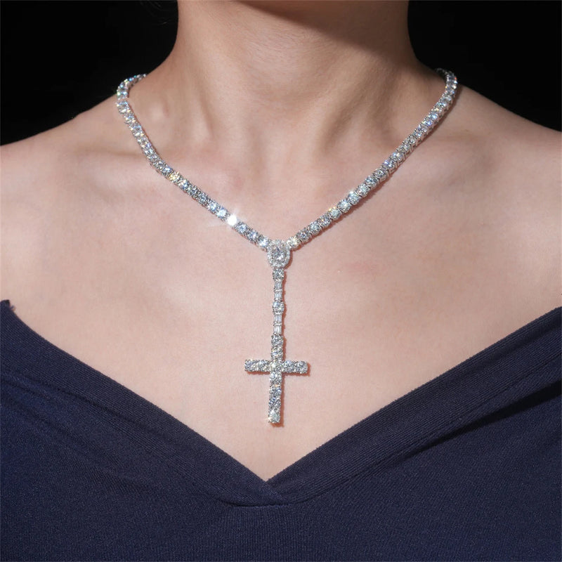VVS Moissanite Cross Pendant with Tennis Link Chain – 3mm 925 Silver