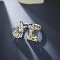 12ct Twin-Stone Moissanite Ring for Women, PT950 Platinum, Pear & Square Cut, Open Adjustable & Dazzling