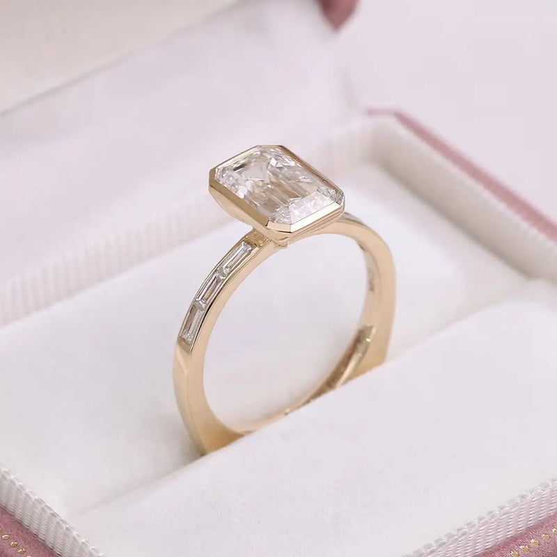 Gold Emerald 14K–18K-Cut 2CT VVS Moissanite Bezel Engagement Ring