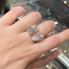 12ct Twin-Stone Moissanite Ring for Women, PT950 Platinum, Pear & Square Cut, Open Adjustable & Dazzling