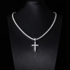 Provence 925 Silver Cross Necklace – 4mm D Color VVS1 Moissanite Tennis Chain with GRA Certification