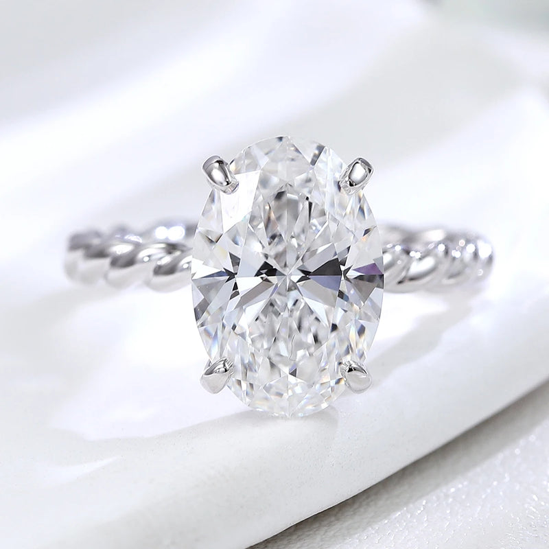 Solitaire Ring 4CT Oval-10K–14K White Gold Twisted Cut VVS Moissanite Engagement Rin