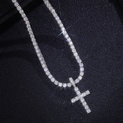 Provence 925 Silver Cross Necklace – 4mm D Color VVS1 Moissanite Tennis Chain with GRA Certification