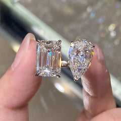 12ct Twin-Stone Moissanite Ring for Women, PT950 Platinum, Pear & Square Cut, Open Adjustable & Dazzling