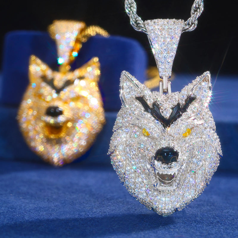 New Hip Hop 925 Sterling Silver Bling 3D Wolf Pendant Necklace Iced Out Moissanite Necklaces for Men Charm Jewelry Gift With GRA
