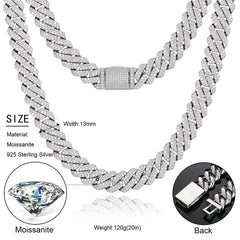 14mm S925 Sterling Silver VVS1 Moissanite Diamond Cuban Link Chain Necklace