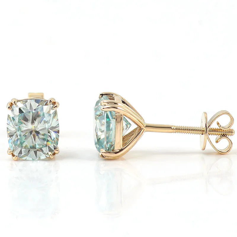 Aquamarine Stud Earrings  10K Gold Cushion-Cut VVS Moissanite –  with GRA Certification