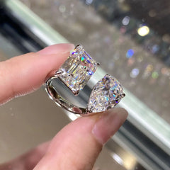 12ct Twin-Stone Moissanite Ring for Women, PT950 Platinum, Pear & Square Cut, Open Adjustable & Dazzling